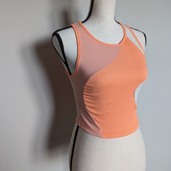 Light and bright orange abstract color block cropped ribbed tank top size L - Picture 3 of 6